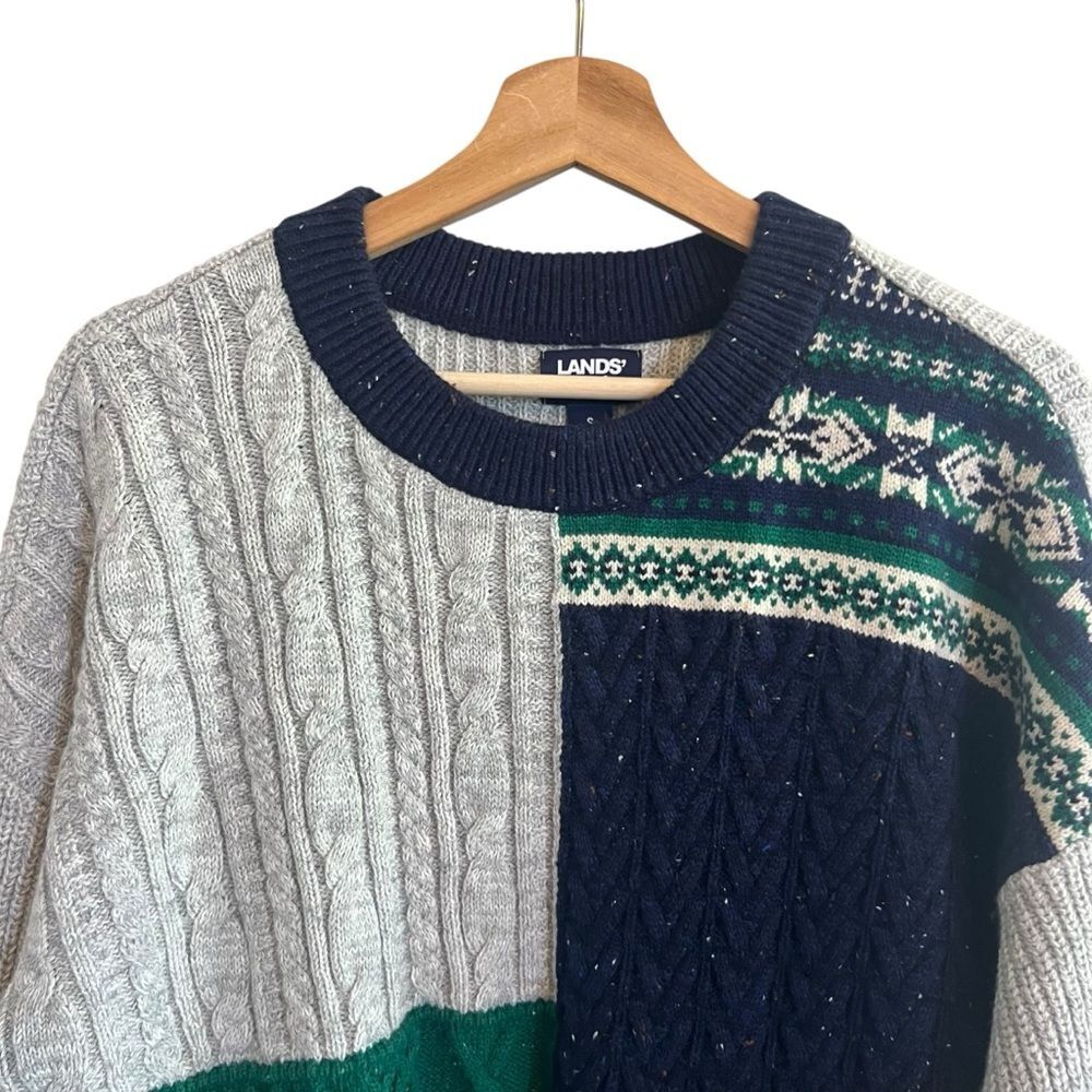 Lands End Womens Patchwork Fair Isle Cable Knit Sweater Size S Fisherman Grandpa - Picture 2 of 9